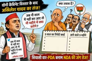 अखिलेश यादव के बयान पर आधारित एक व्यंग्यात्मक राजनीतिक कार्टून, जिसमें योगी आदित्यनाथ और भाजपा नेताओं को चिंतित मुद्रा में दिखाया गया है, जबकि अखिलेश यादव तंज कसते नजर आ रहे हैं।