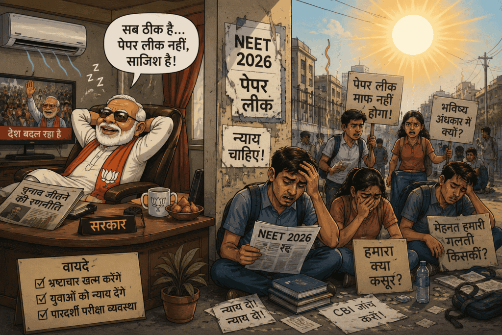 मोबाइल-फ्रेंडली राजनीतिक कार्टून जिसमें ऊपर प्रधानमंत्री नरेंद्र मोदी चुनावी रैली को संबोधित करते दिख रहे हैं, जबकि नीचे धूप में बैठे परेशान NEET छात्र पेपर लीक के खिलाफ न्याय की मांग कर रहे हैं।