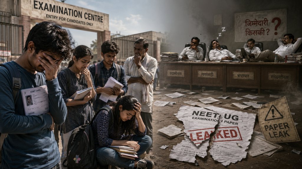 NEET-UG पेपर लीक विवाद को दर्शाती प्रतीकात्मक तस्वीर, जिसमें परीक्षा केंद्र के बाहर परेशान छात्र बैठे हैं और अंदर अधिकारी बेपरवाह दिखाई दे रहे हैं।