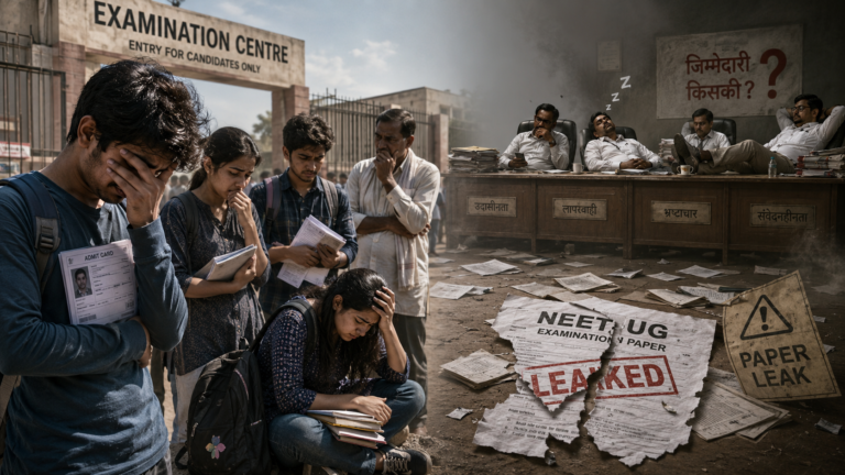 NEET-UG पेपर लीक विवाद को दर्शाती प्रतीकात्मक तस्वीर, जिसमें परीक्षा केंद्र के बाहर परेशान छात्र बैठे हैं और अंदर अधिकारी बेपरवाह दिखाई दे रहे हैं।