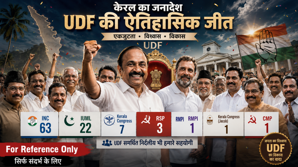 केरल विधानसभा चुनाव में UDF गठबंधन की ऐतिहासिक जीत को दर्शाती AI-जनित सांकेतिक तस्वीर, जिसमें वी डी सतीशन, राहुल गांधी और सहयोगी दलों के नेता विजयी मुद्रा में दिखाई दे रहे हैं। तस्वीर में INC, IUML, Kerala Congress, RSP, RMPI, Kerala Congress Jacob और CMP की सीटों का विवरण भी दिखाया गया है।