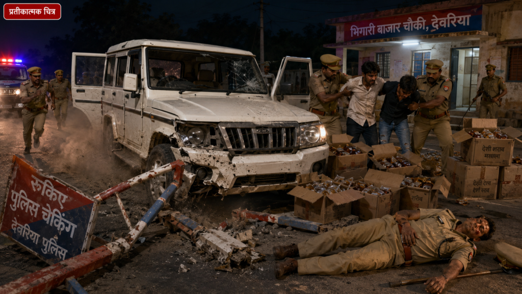 देवरिया के भिगारी बाजार चौकी पर शराब तस्करी की घटना को दर्शाती प्रतीकात्मक तस्वीर, जिसमें टूटा बैरियर, पुलिस वाहन, अवैध शराब की पेटियां और घायल पुलिसकर्मी दिखाई दे रहे हैं।