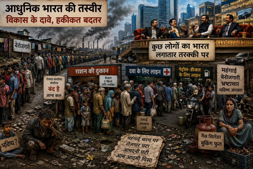 आधुनिक भारत की एक प्रतीकात्मक तस्वीर, जहां आम लोग राशन, दवा, ईंधन और गैस सिलेंडर के लिए लंबी कतारों में खड़े हैं, जबकि पीछे ऊंची इमारतों और लग्जरी माहौल में अमीर वर्ग आराम और उत्सव में डूबा दिखाई देता है।