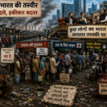 आधुनिक भारत की एक प्रतीकात्मक तस्वीर, जहां आम लोग राशन, दवा, ईंधन और गैस सिलेंडर के लिए लंबी कतारों में खड़े हैं, जबकि पीछे ऊंची इमारतों और लग्जरी माहौल में अमीर वर्ग आराम और उत्सव में डूबा दिखाई देता है।