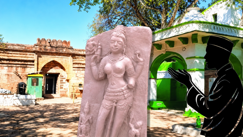 भोजशाला विवाद पर प्रतीकात्मक छवि, जिसमें ऐतिहासिक परिसर, वाग्देवी से जुड़ी मूर्ति और प्रार्थना करती आकृति दिखाई गई है।